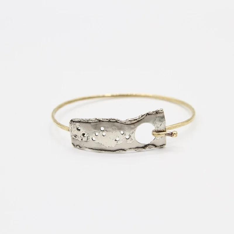 Brass Hook Bangle with Sterling Silver Reticulated Rectangle