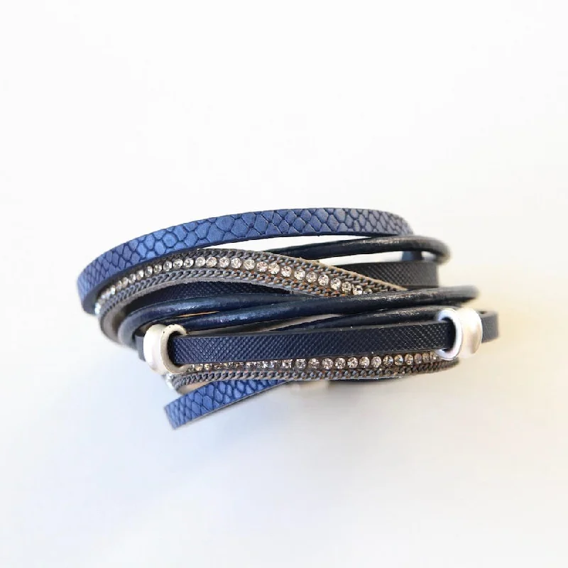 SILVER LEATHER AND MATTE BLUE MULTI STRAND BRACELET