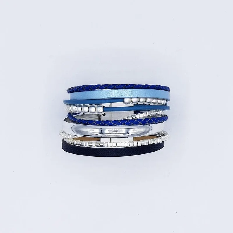 MATTE SILVER AND BLUE LEATHER MULTI STRAND BRACELE