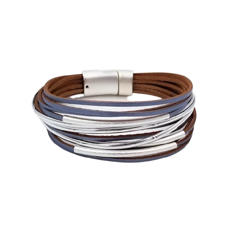 Matte Silver Blue Gray Leather Bracelet