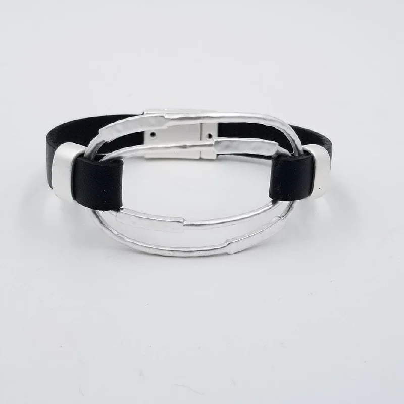 MATT RHODIUM BLACK LEATHER BRACELET