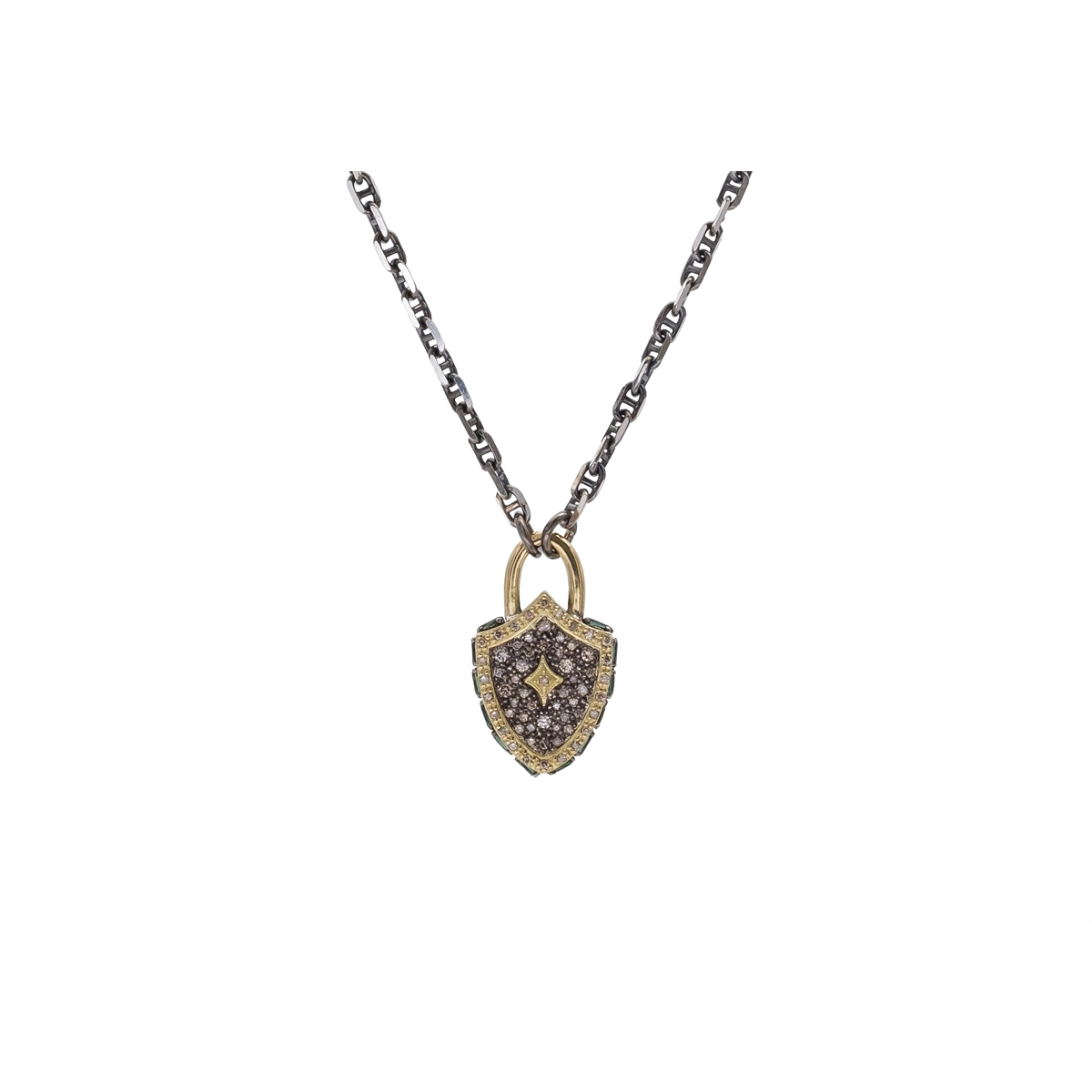 Armenta Old World Blackened Sterling Silver and 18K Yellow Gold Necklace with Small Shield Pendant with Champagne Diamonds and Blue-Green Tourmaline