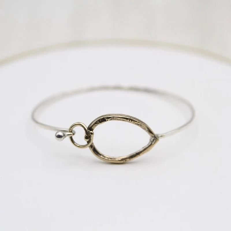 Brass Pear and Circle Clasp on Sterling Silver Bangle Bracelet