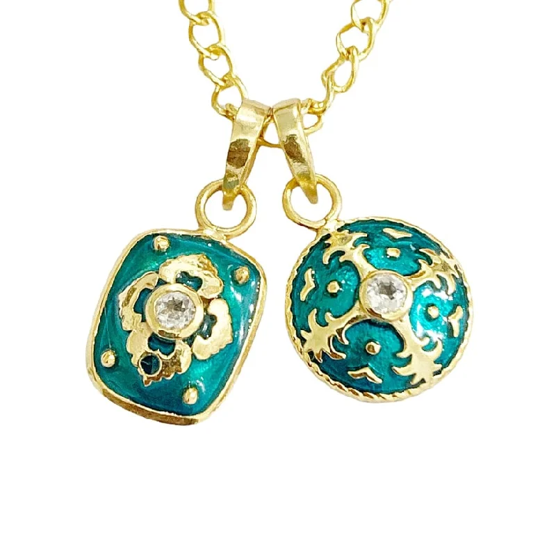 Set of 2 Teal Enamel CZ Pendant Necklace