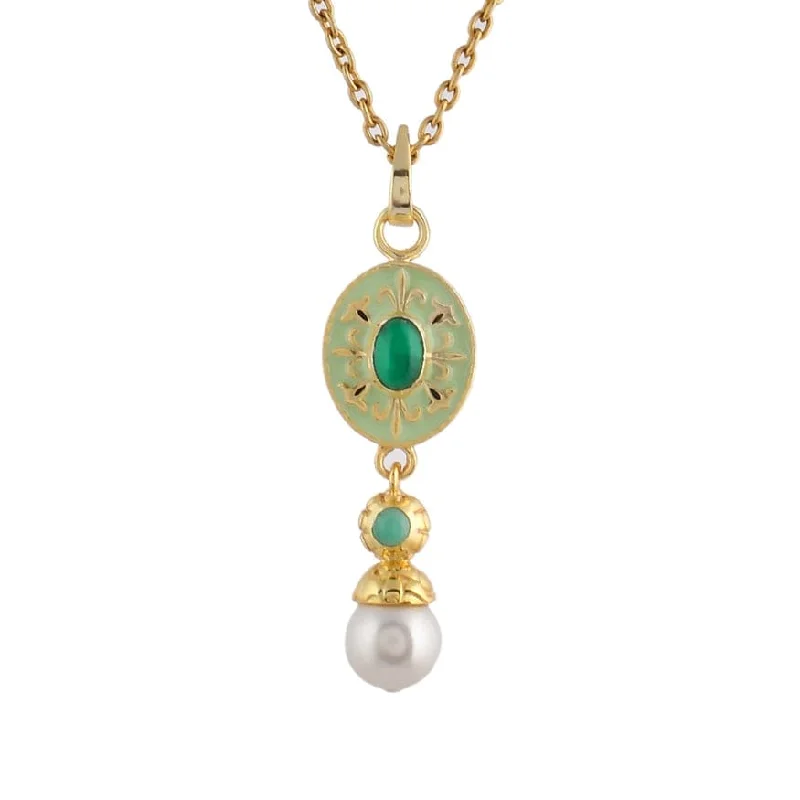 Green Onyx & Emerald Enamel Pendant Necklace