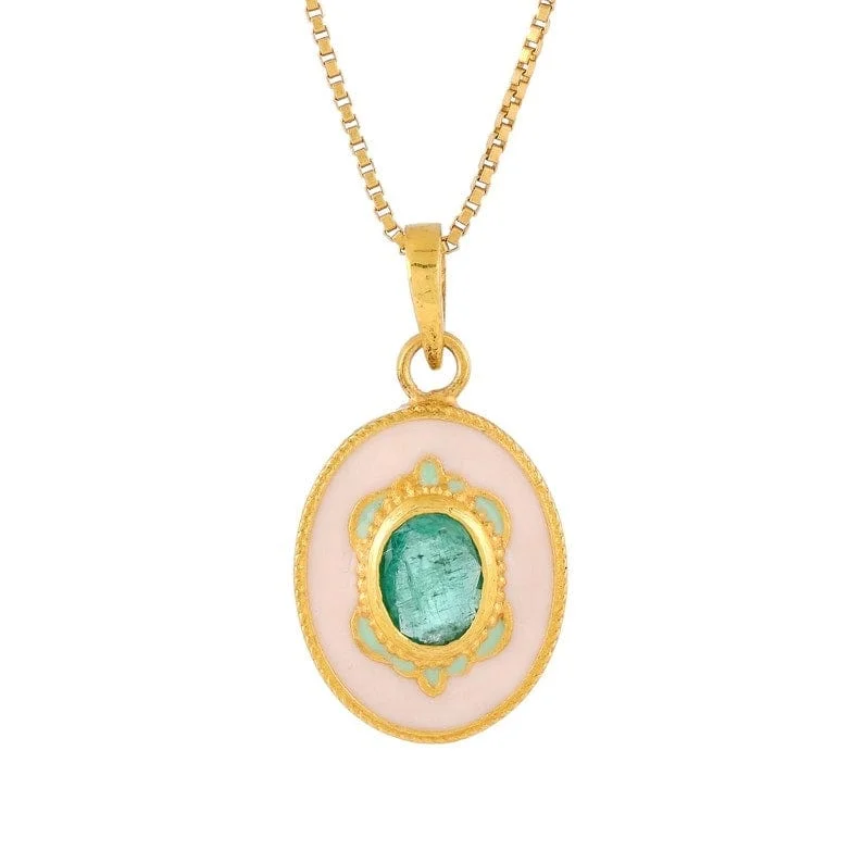 Pink Enamel & Emerald Pendant Necklace