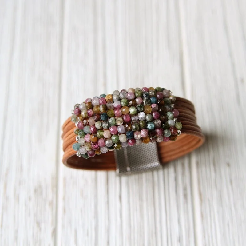 Multi Colored Tourmaline Hand Stitched Leather Cuff