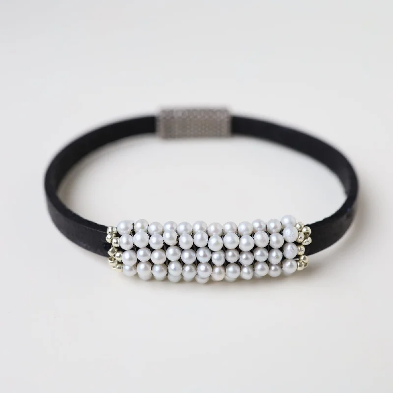 White Seed Pearls Hand Stitched Leather Cuff