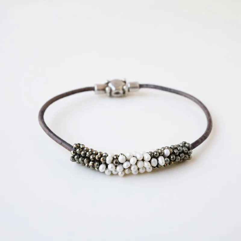 Hand Stitched White Pearl & Pyrite Mix Bracelet