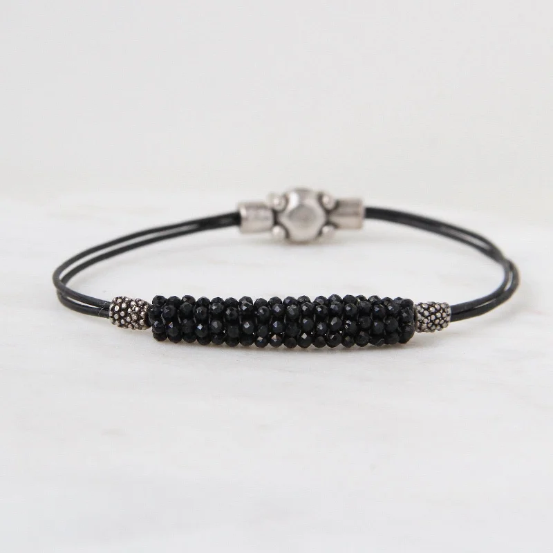 Hand Stitched Tiny Black Spinel & Metal Dot Bracelet