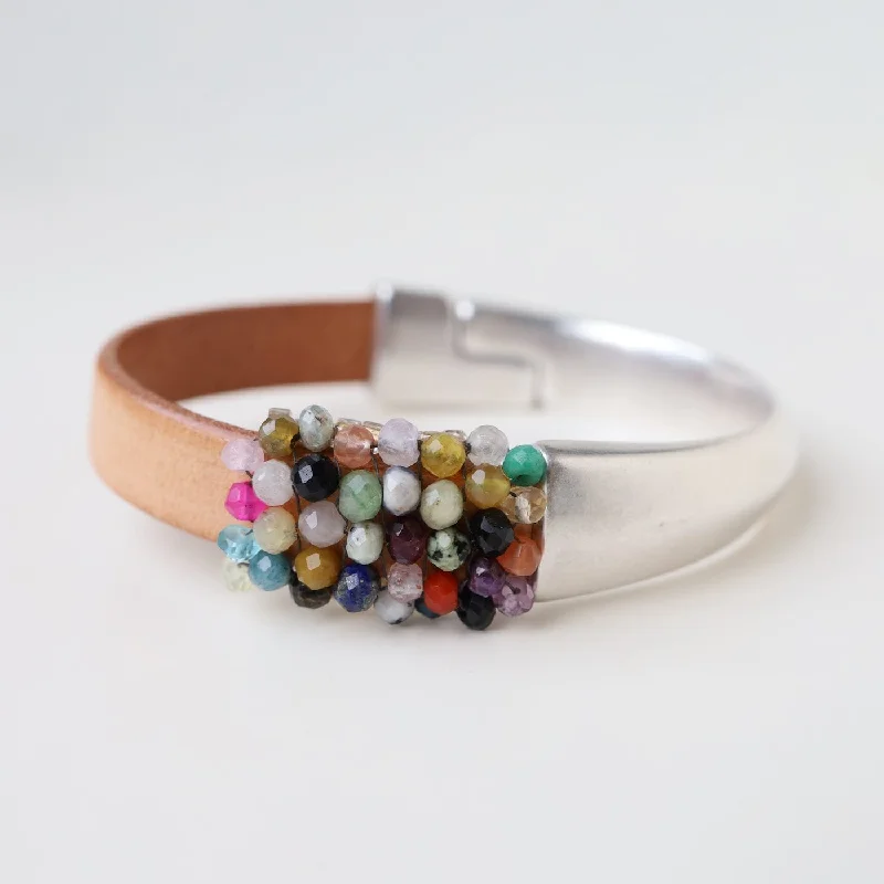 Hand Stitched Rainbow Assorted Gemstones Half Cuff Bracelet