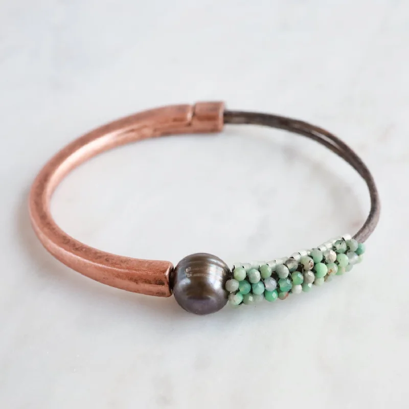 Chrysocolla with One Large Chocolate Pearl Hand Stitched Leather Copper 1/2 Cuff