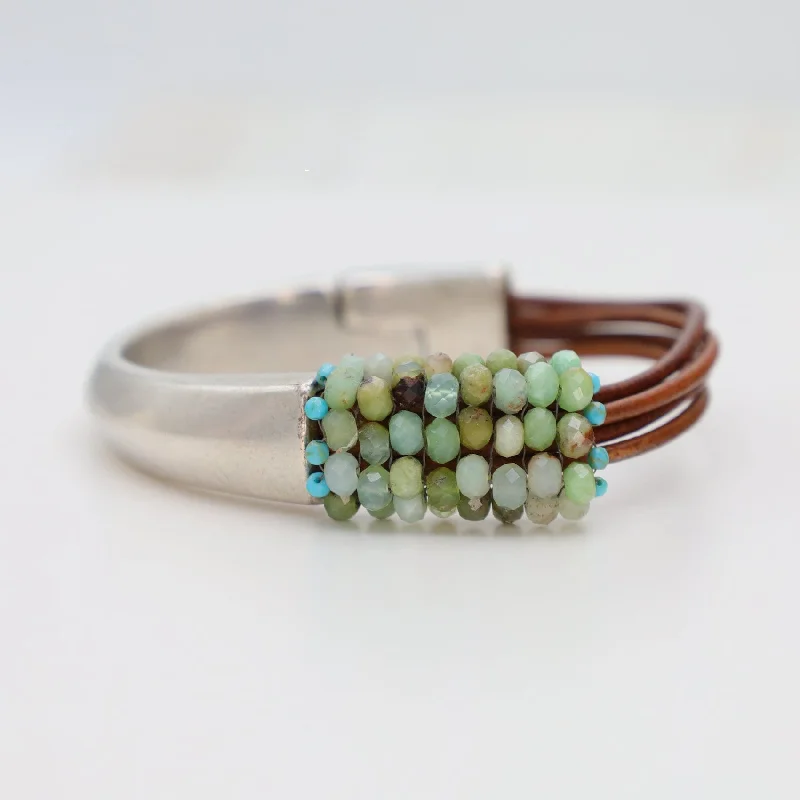 Hand Stitched Chrysoprase with Tiny Green Turquoise Half Cuff Bracelet