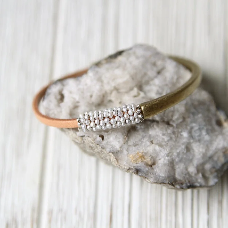 Tiny White Pearls Hand Stitched Leather and Brass 1/2 Cuff