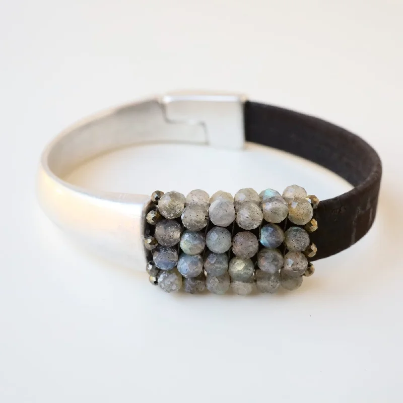 Hand Stitched Labradorite, Pyrite Trim Bracelet