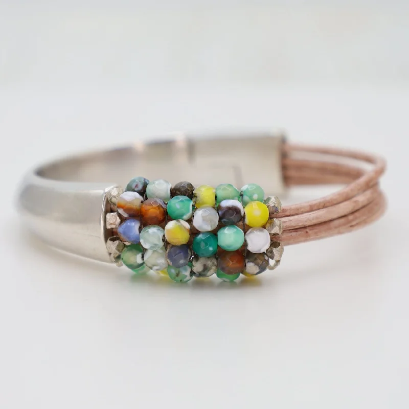 Hand Stitched Multi Color Crackled Quartz Half Cuff Bracelet