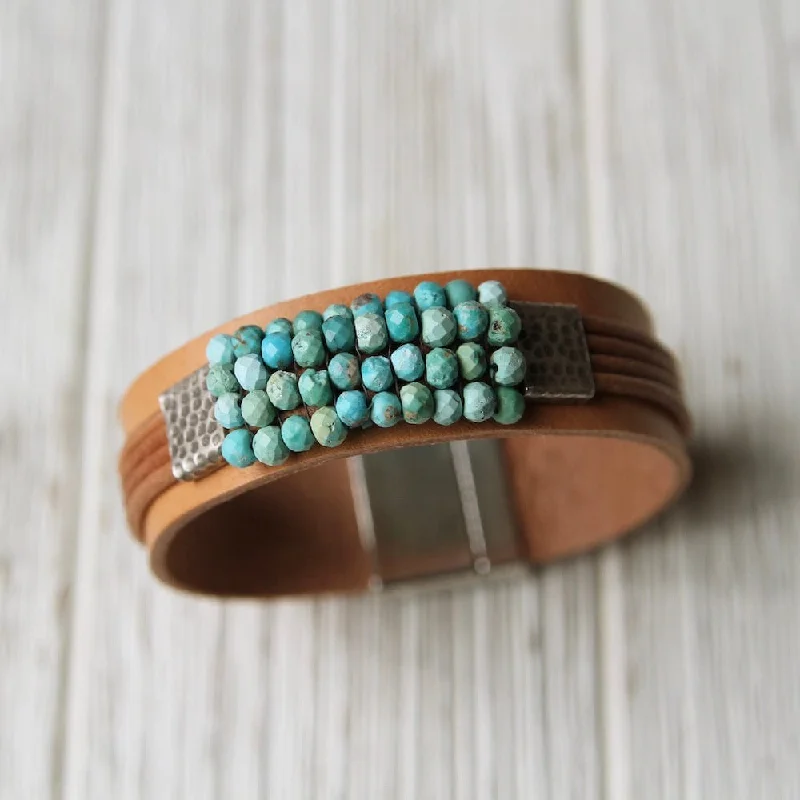 Turquoise with Hill Tribe Sliders Hand Stitched Leather Cuff