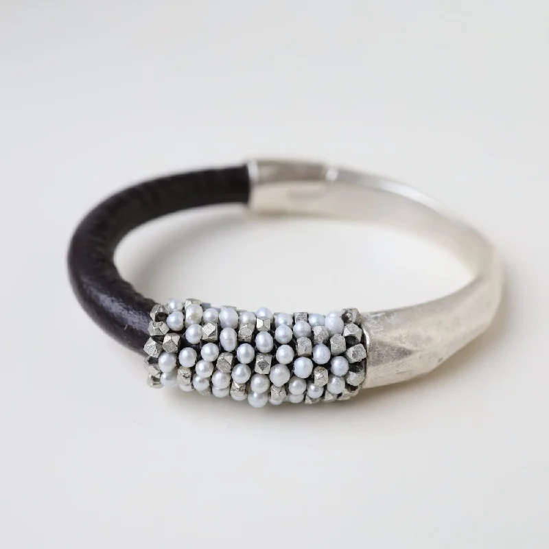 Hand Stitched White Pearls & Metal Cubes Bracelet