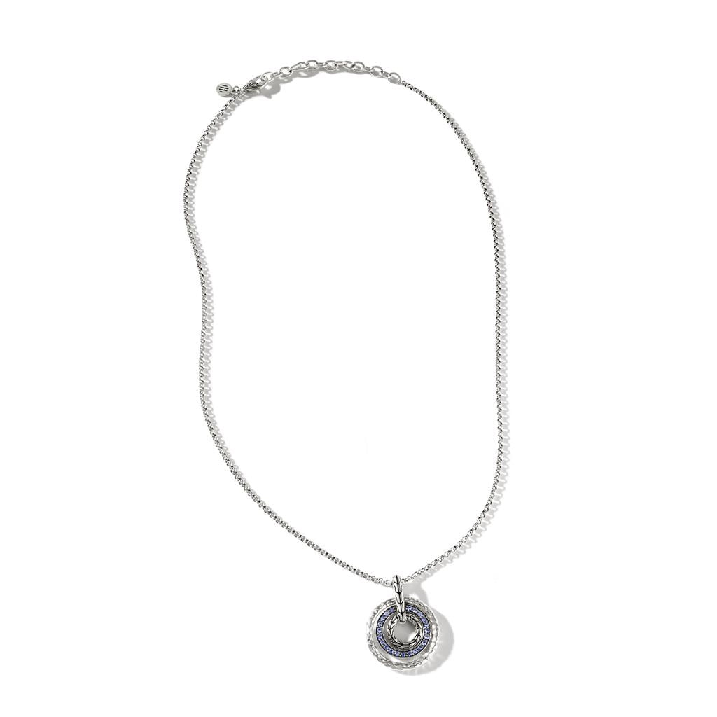 John Hardy Classic Chain Sterling Silver Hammered Multi Circle Pendant with Blue Sapphire on a 2mm Mini Rolo Chain Necklace, 18-20 inch