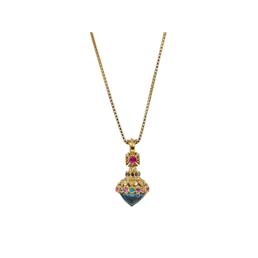 Konstantino Alexandria 18K Yellow Gold Pendant with London Blue Topaz, Black Diamonds, and Rubies