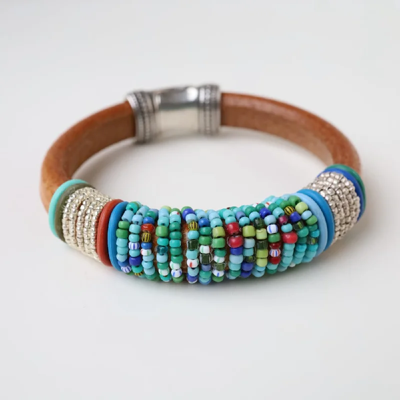 Hand Stitched Blue Green Mix Vintage Seed Beads Bracelet