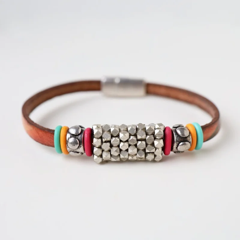 Hand Stitched Silver Cube Beads with Colored "O" Ring Bracelet