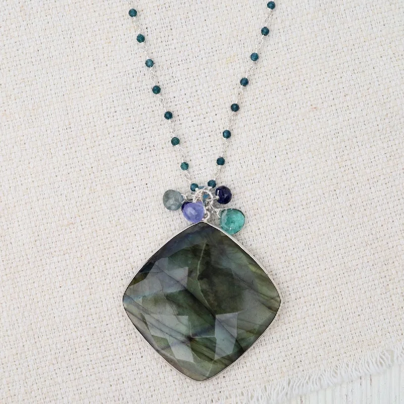 Silver Large Labradorite Square Pendant on Bead Chain Necklace