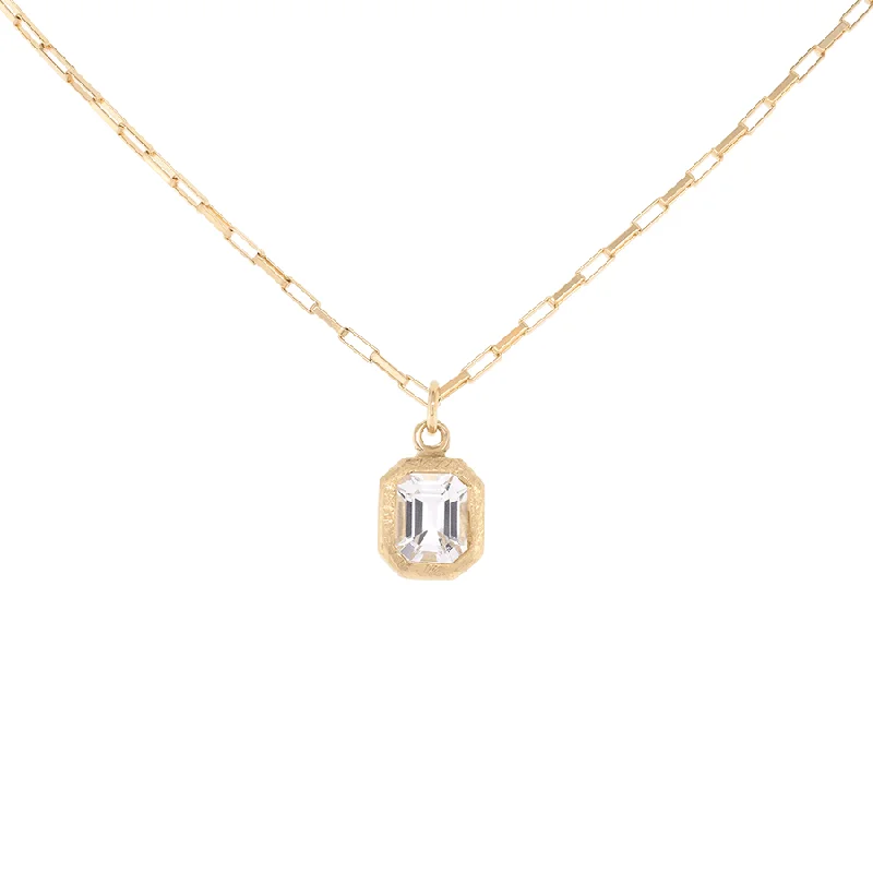 'Boulder' Emerald Cut White Topaz Pendant on Elongated Box Chain