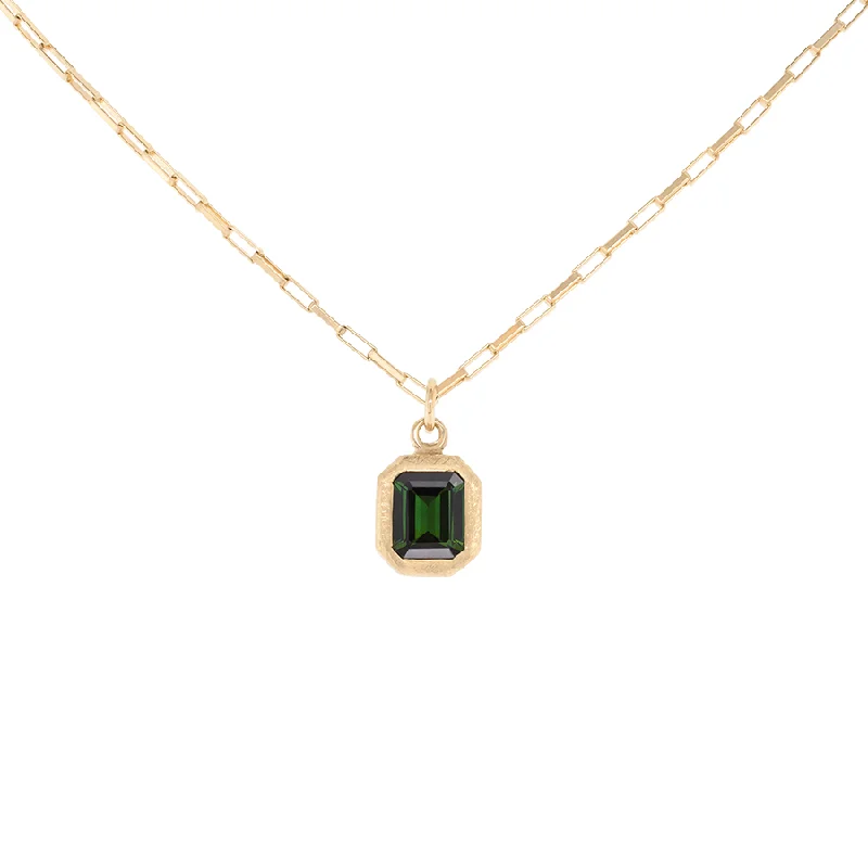 'Boulder' Emerald Cut Green Tourmaline Pendant on Elongated Box Chain