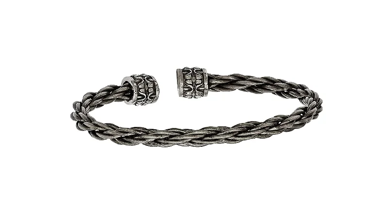 Men's Thorn Collection Gray Titanium Cable with Cast Cuff Bangle Bracelet, 7"